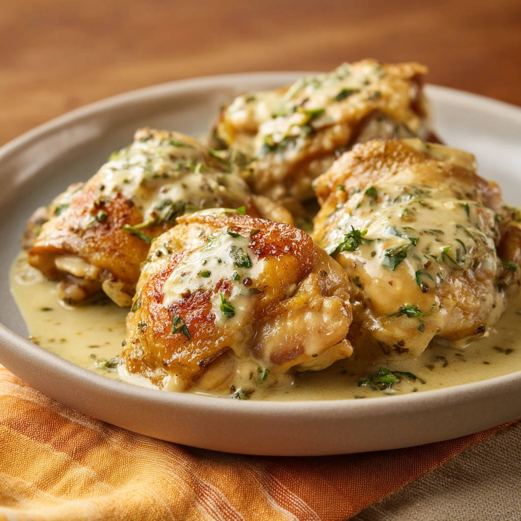Creamy garlic herb chicken thighs plated with a rich, herb-flecked sauce and golden-brown skin.
