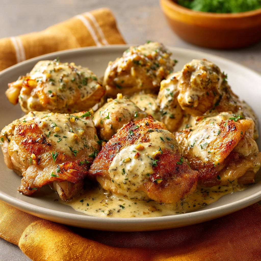 Creamy garlic herb chicken thighs plated with a rich, savory sauce and fresh parsley garnish.