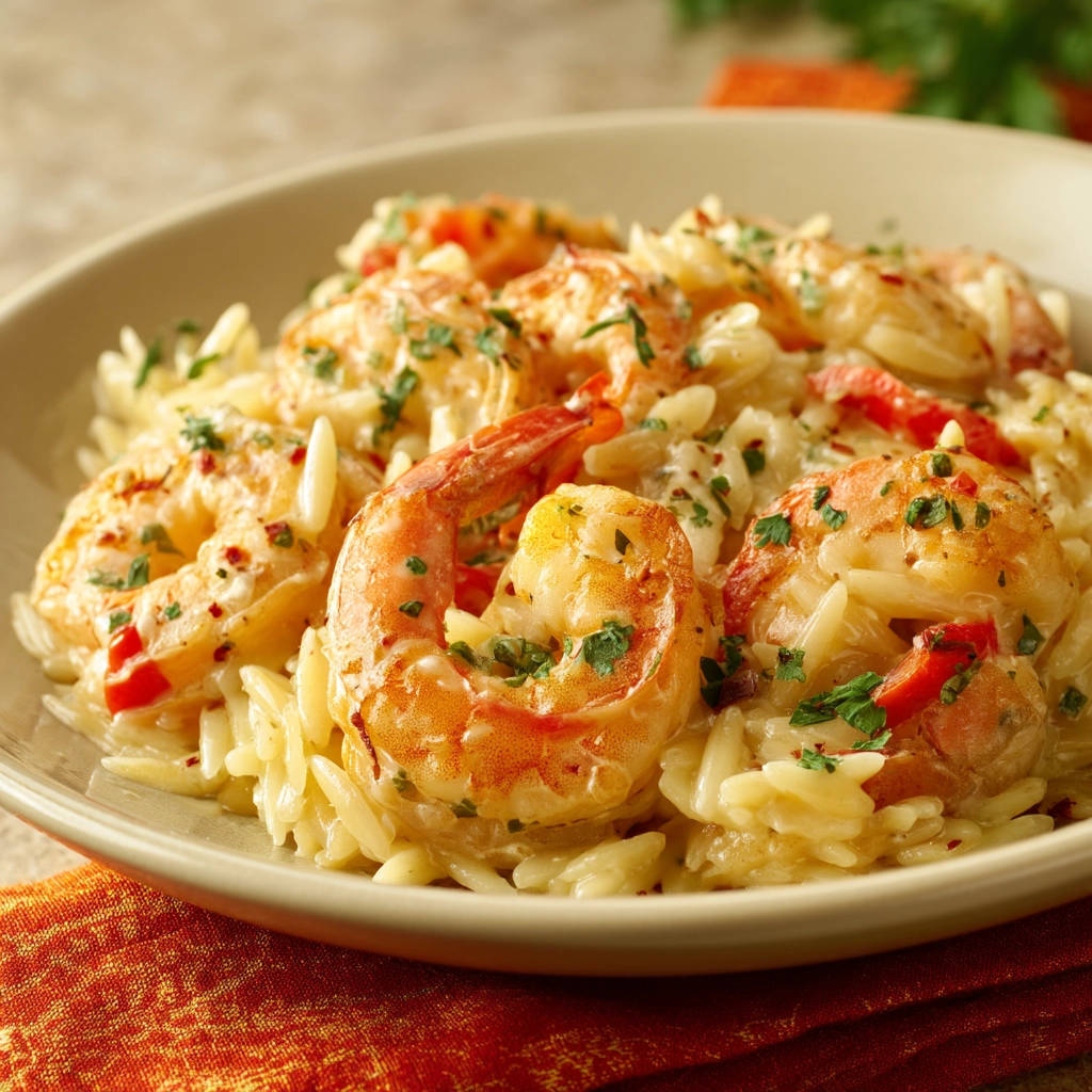 Creamy garlic shrimp orzo served in a close-up bowl with fresh parsley garnish.