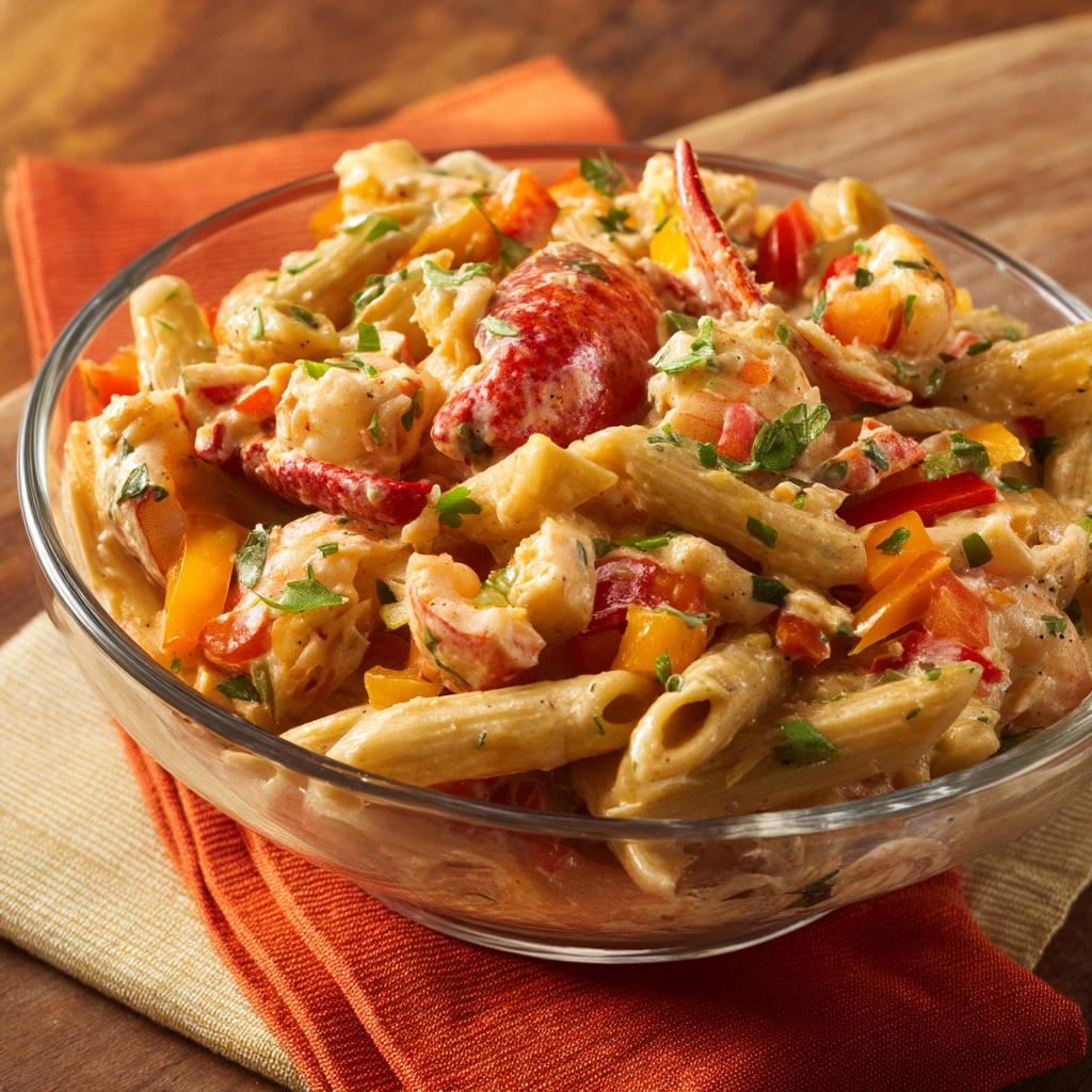 Creamy lobster penne in a glass bowl, showcasing tender pasta, succulent lobster, and colorful bell peppers with fresh parsley garnish.