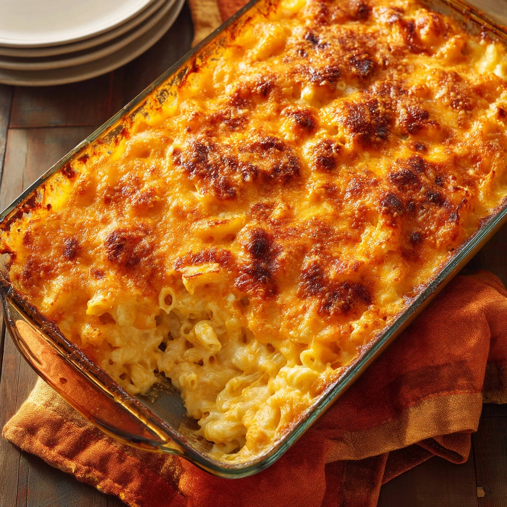 Creamy mac and cheese baked in a glass dish, with a scoop removed to show the cheesy pasta interior.