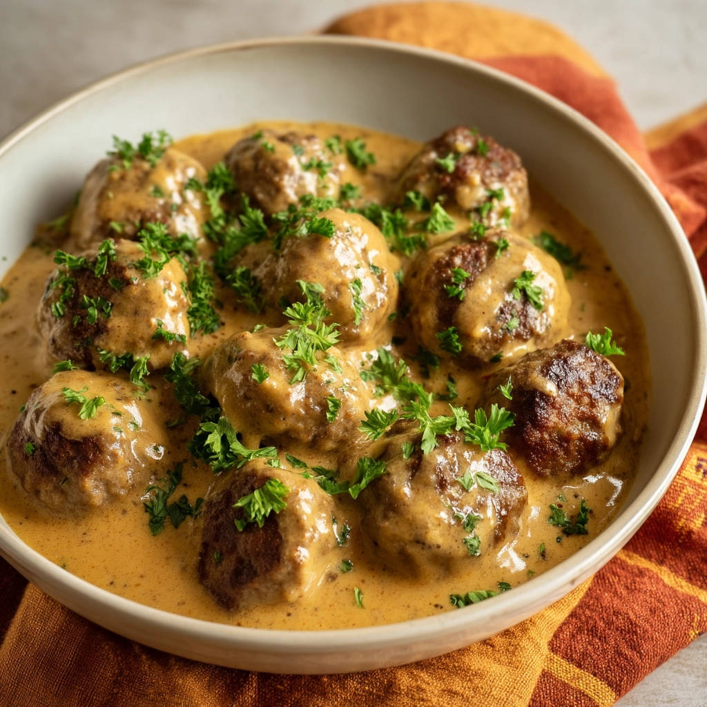 Classic creamy meatballs garnished with fresh parsley in a close-up view.