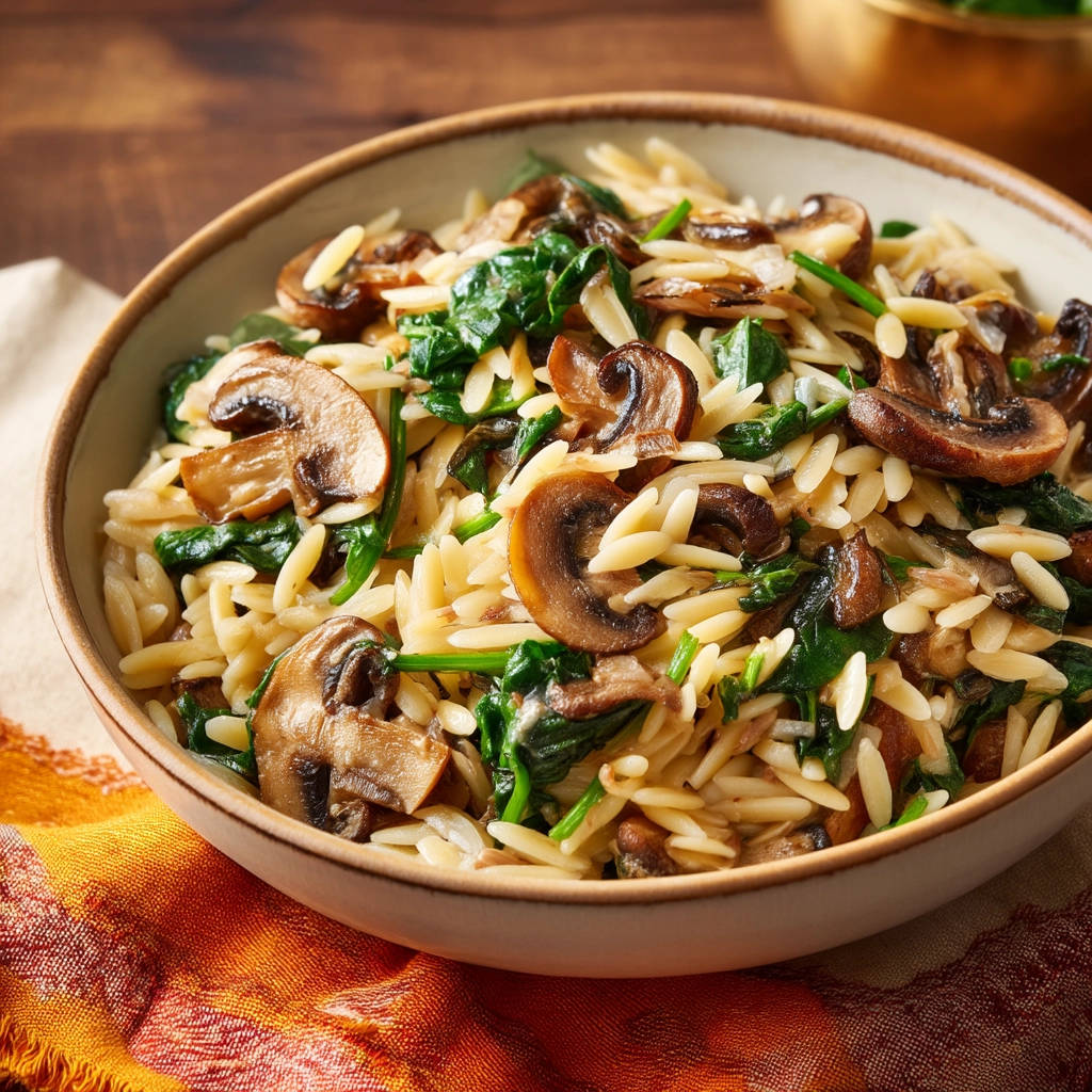 Creamy mushroom orzo in a rustic bowl, showcasing tender pasta, sautéed mushrooms, and wilted spinach.