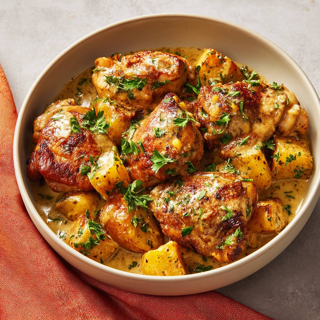 Creamy mustard chicken with potatoes served in a light-colored bowl, garnished with fresh parsley.