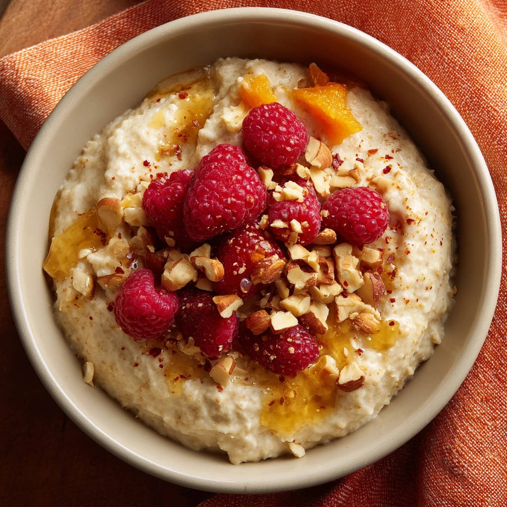 Creamy oatmeal garnished with fresh raspberries, chopped almonds, and a drizzle of honey.