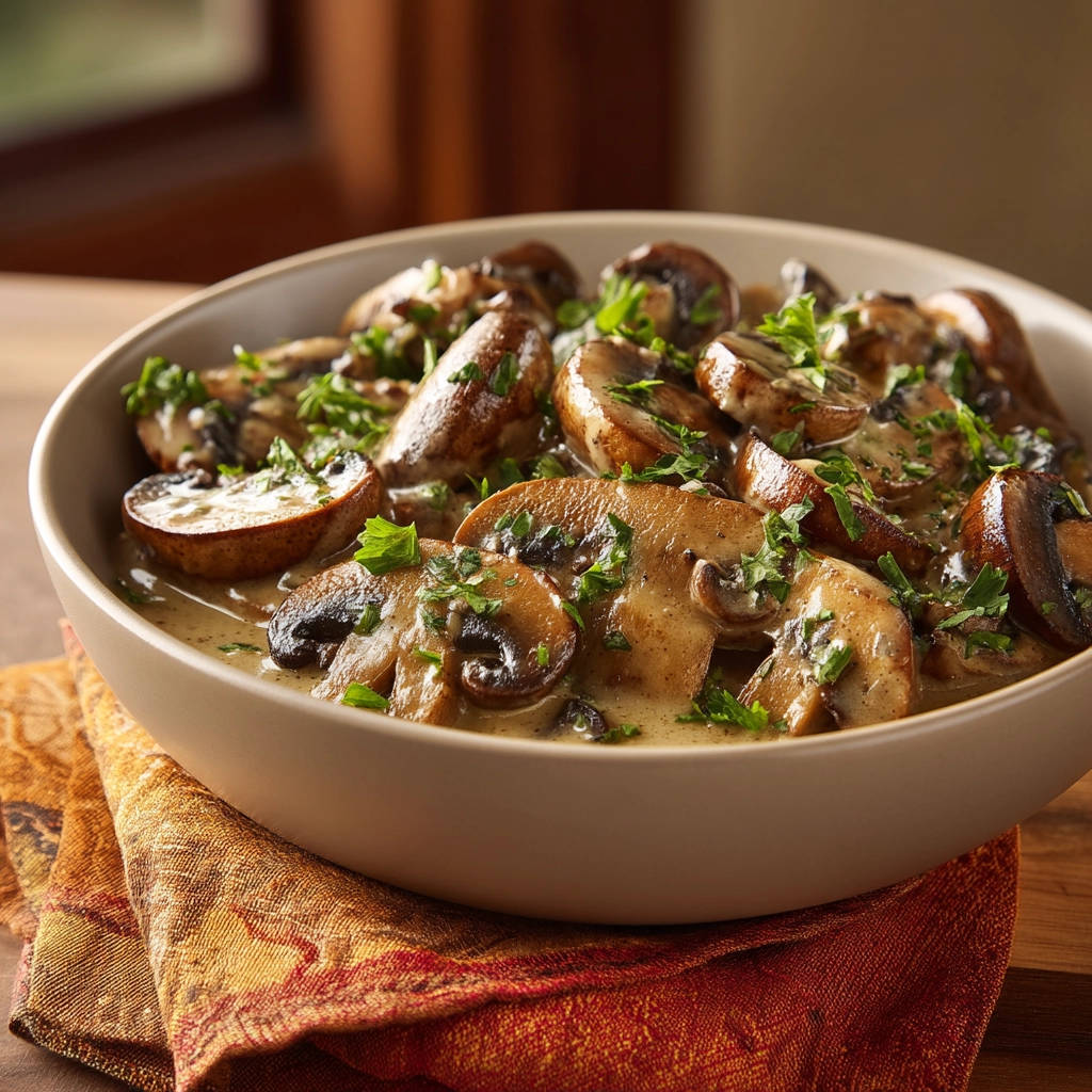 Creamy sauteed mushrooms in a bowl, garnished with fresh parsley, showing a rich sauce.