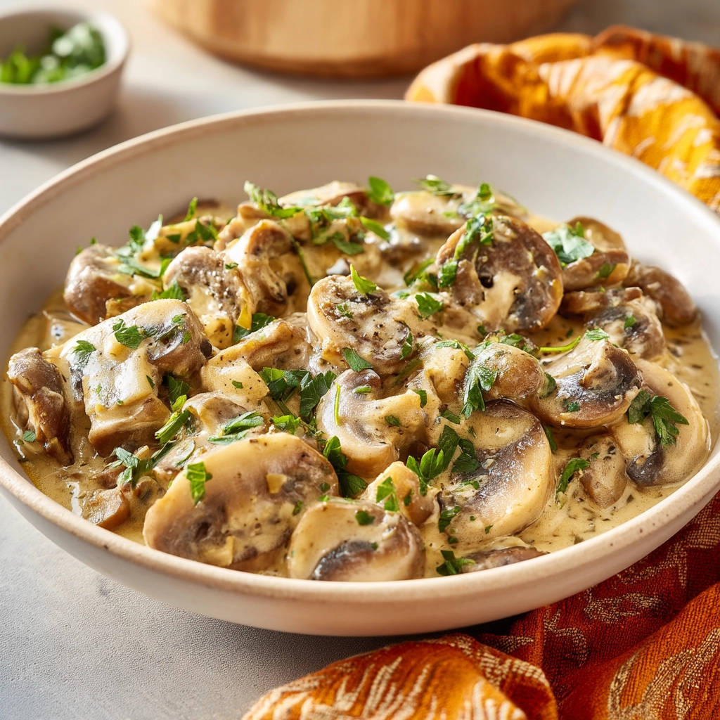 Creamy sauteed mushrooms with a close-up view showcasing fresh parsley garnish in a rustic bowl.