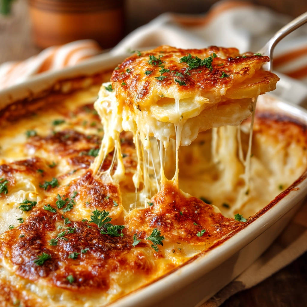 Creamy scalloped potatoes with a generous cheese pull, garnished with fresh parsley, in a baking dish.