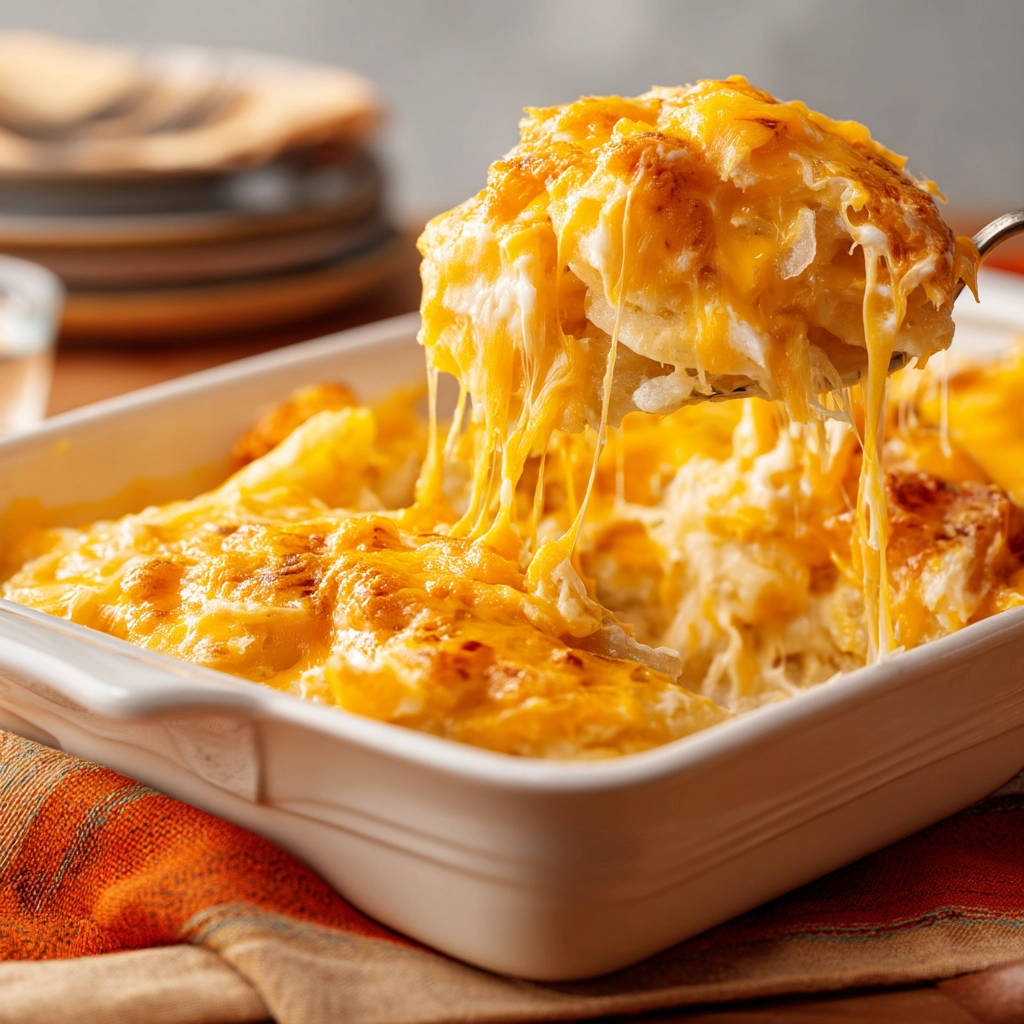 Creamy scalloped potatoes with a generous cheese pull, served hot from a white baking dish.