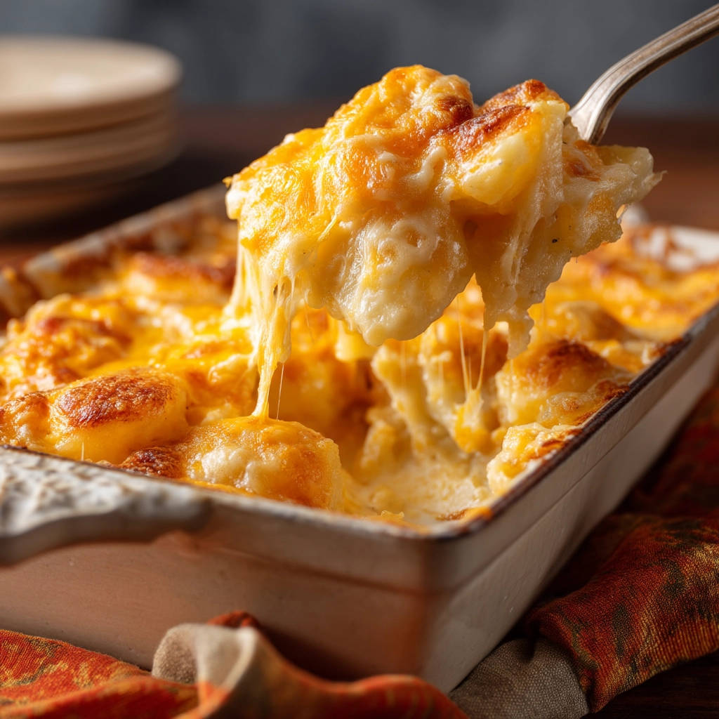 Creamy scalloped potatoes being lifted with a fork, showing melted cheese and tender potato slices.