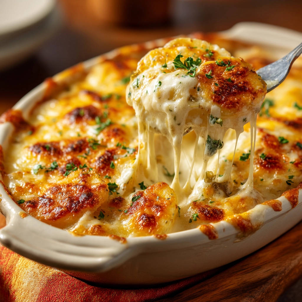 Creamy scalloped potatoes with a fork lifting a cheesy portion, showing the gooey melted cheese.