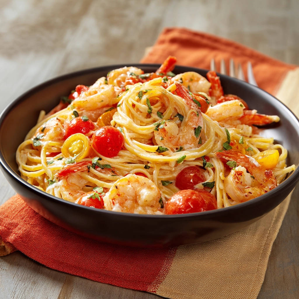 Creamy shrimp linguine served in a dark bowl, showcasing plump shrimp, cherry tomatoes, and fresh parsley from an overhead perspective.