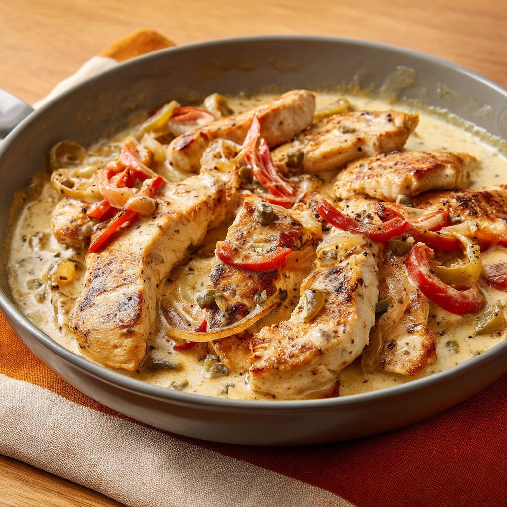 Creamy skillet chicken with peppers and onions served in a pan, shown in a close-up view.