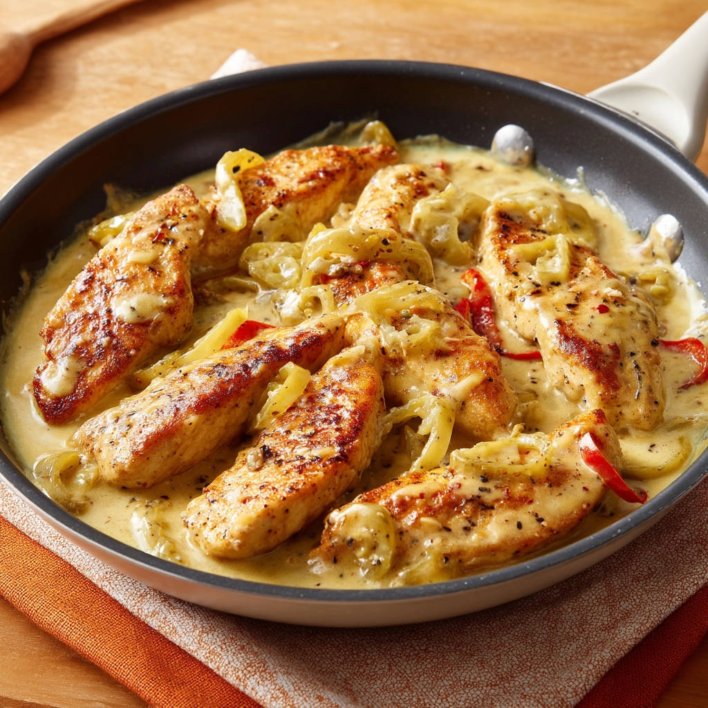 Creamy skillet chicken served in a pan with sliced onions and red peppers.