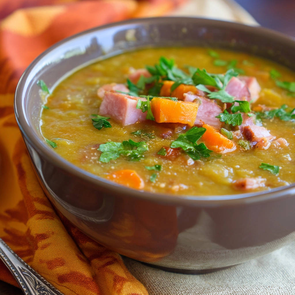 Creamy split pea soup, a hearty and smooth dish garnished with ham, carrots, and fresh parsley in a rustic brown bowl.
