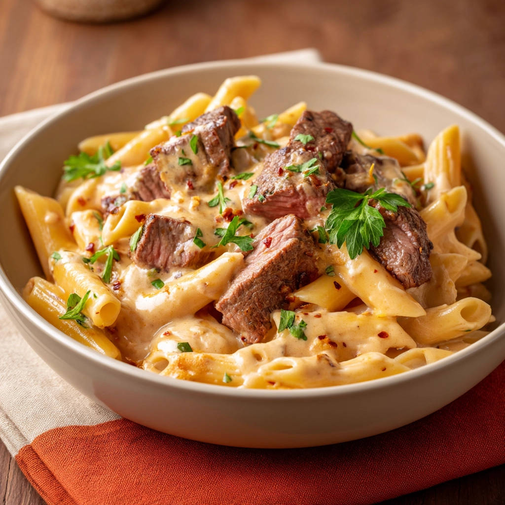 Creamy steak pasta featuring tender sliced steak pieces tossed with penne pasta in a rich sauce.