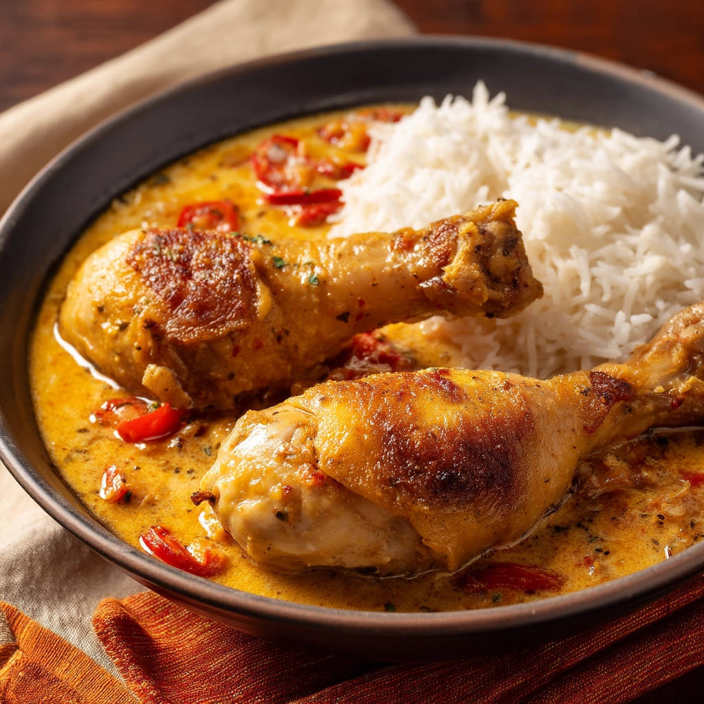 Creamy tomato chicken drumsticks served with fluffy white rice in a rich sauce, a close-up view.