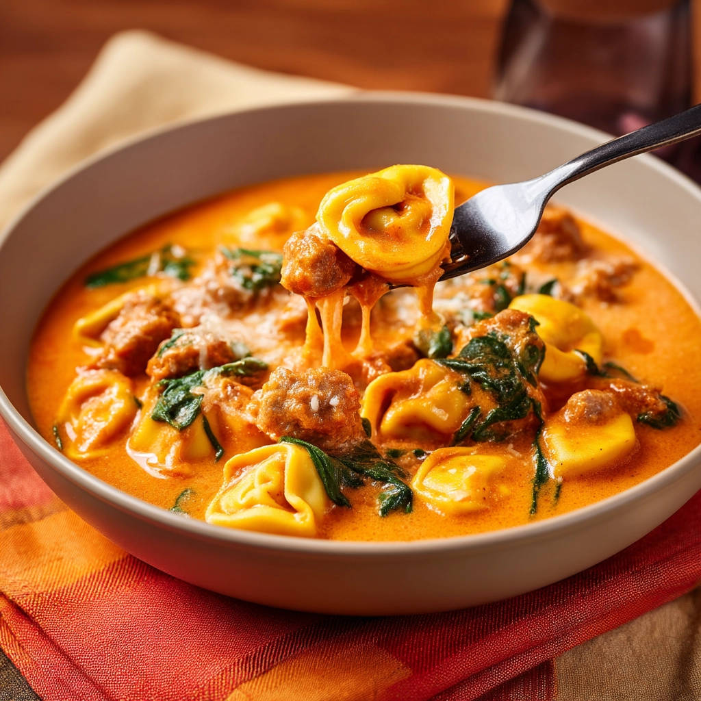 Creamy tomato tortellini soup with a fork lifting a cheesy bite, showing the rich sauce and pasta.