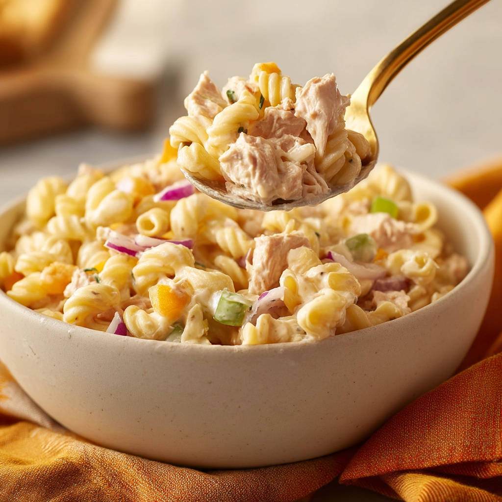 Creamy tuna pasta salad with rotini noodles and vegetables, shown being scooped with a golden spoon.