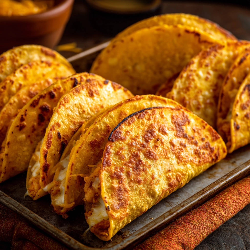 Crispy baked chicken tacos arranged in a close-up row, showcasing their golden-brown shells and cheesy filling.