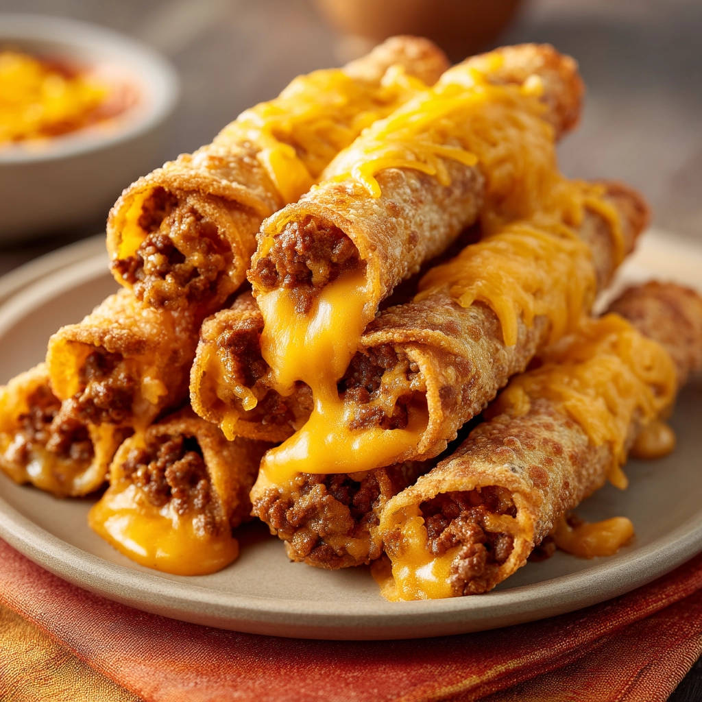 Crispy beef taquitos with a close-up view of the cheesy, ground beef filling oozing out.