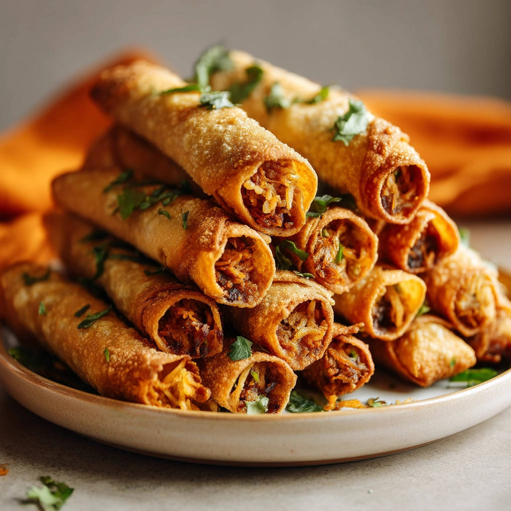 Crispy chicken flautas stacked in a pile, showing a close-up view of their golden brown texture and filling.