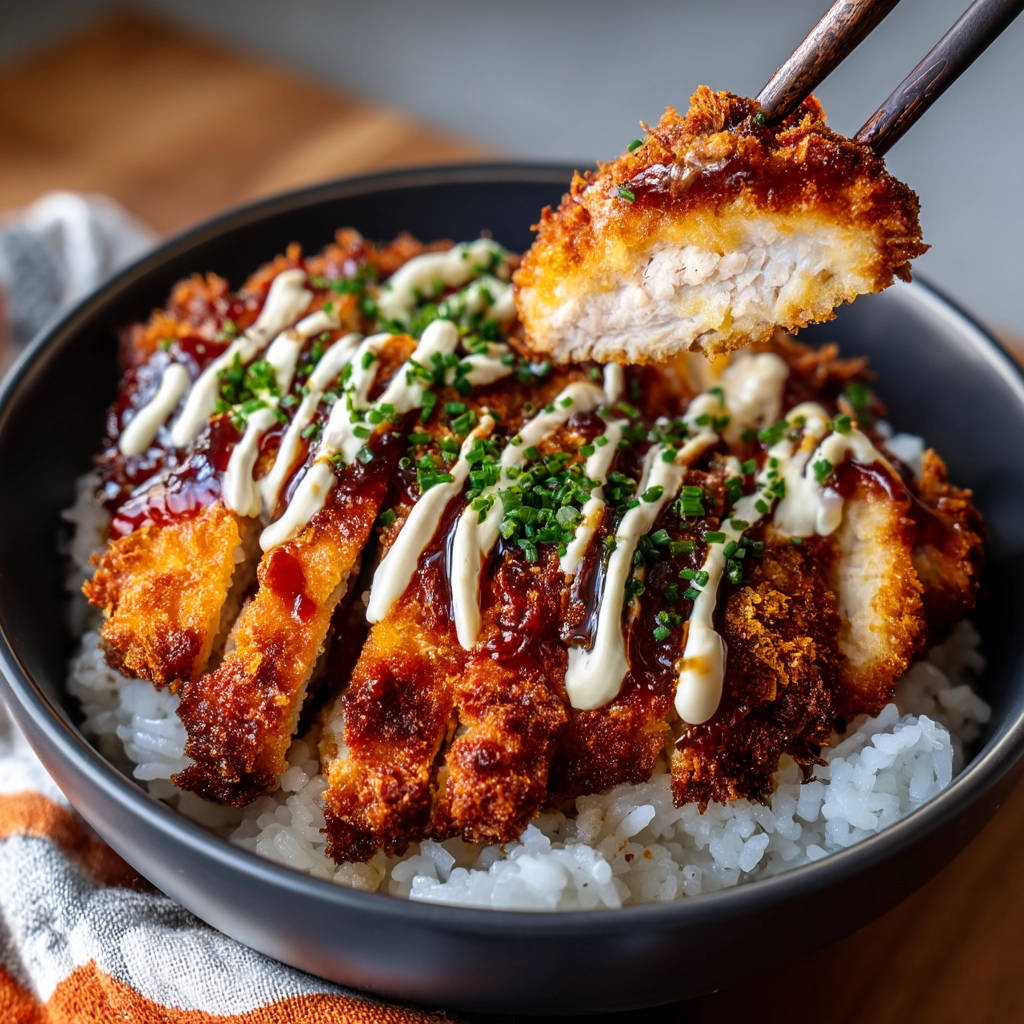 Crispy chicken katsu shown with chopsticks lifting a cross-section revealing the juicy interior.