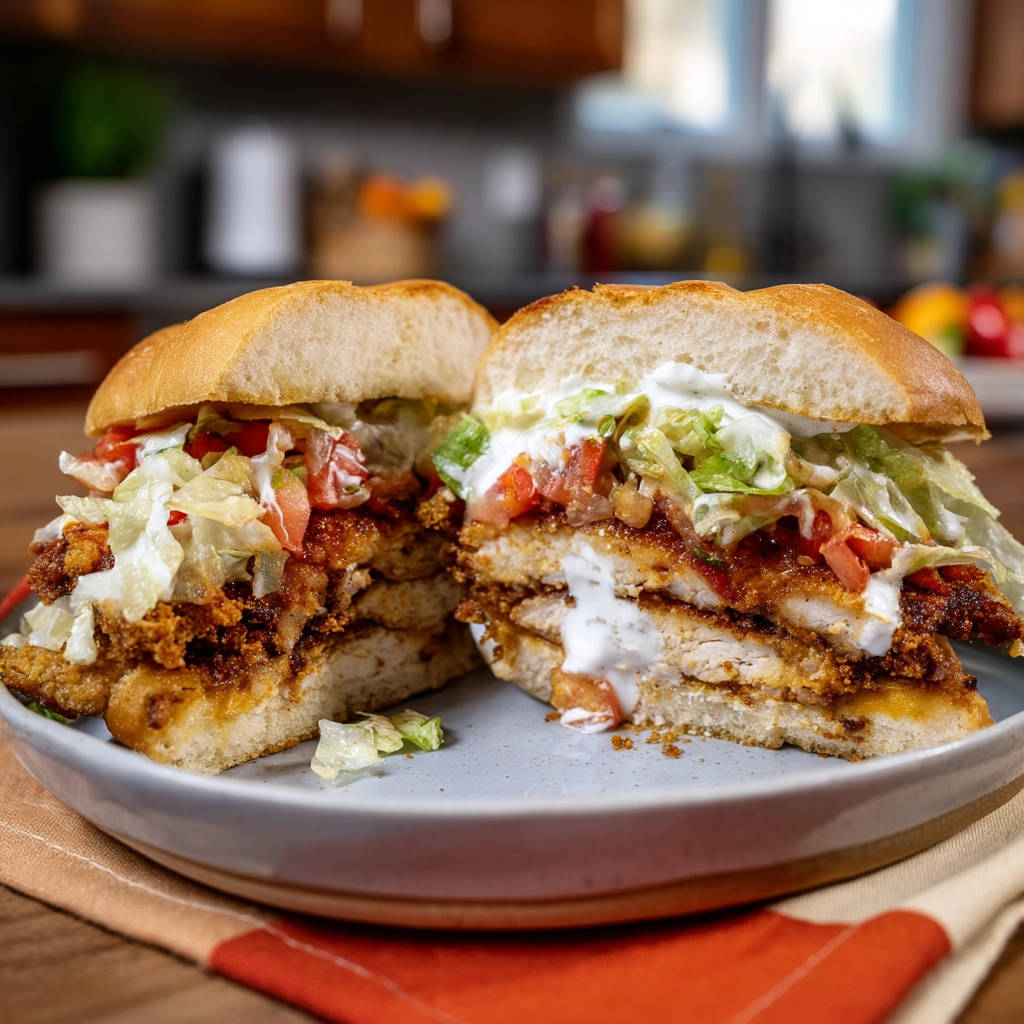 Crispy chicken sandwich cross-section showing layers of breaded chicken, lettuce, and sauce on a plate.