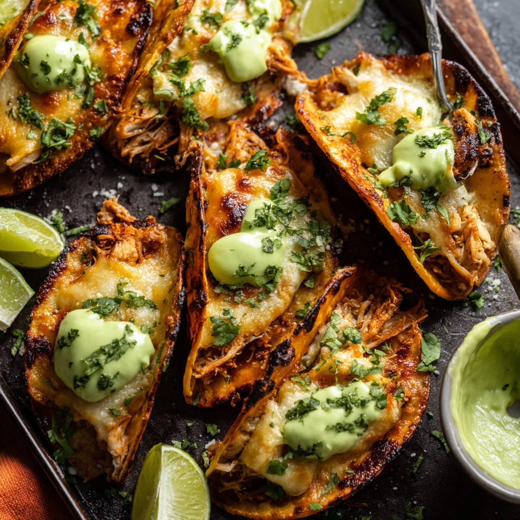 Crispy chicken tacos topped with creamy green sauce and fresh cilantro, served on a dark tray.