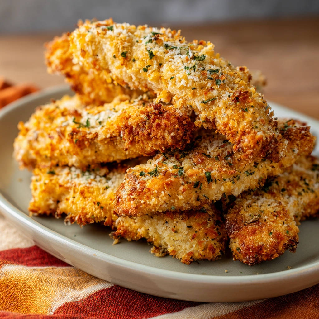 Crispy chicken tenders stacked on a plate, showcasing their golden-brown breaded exterior and sprinkled herbs.