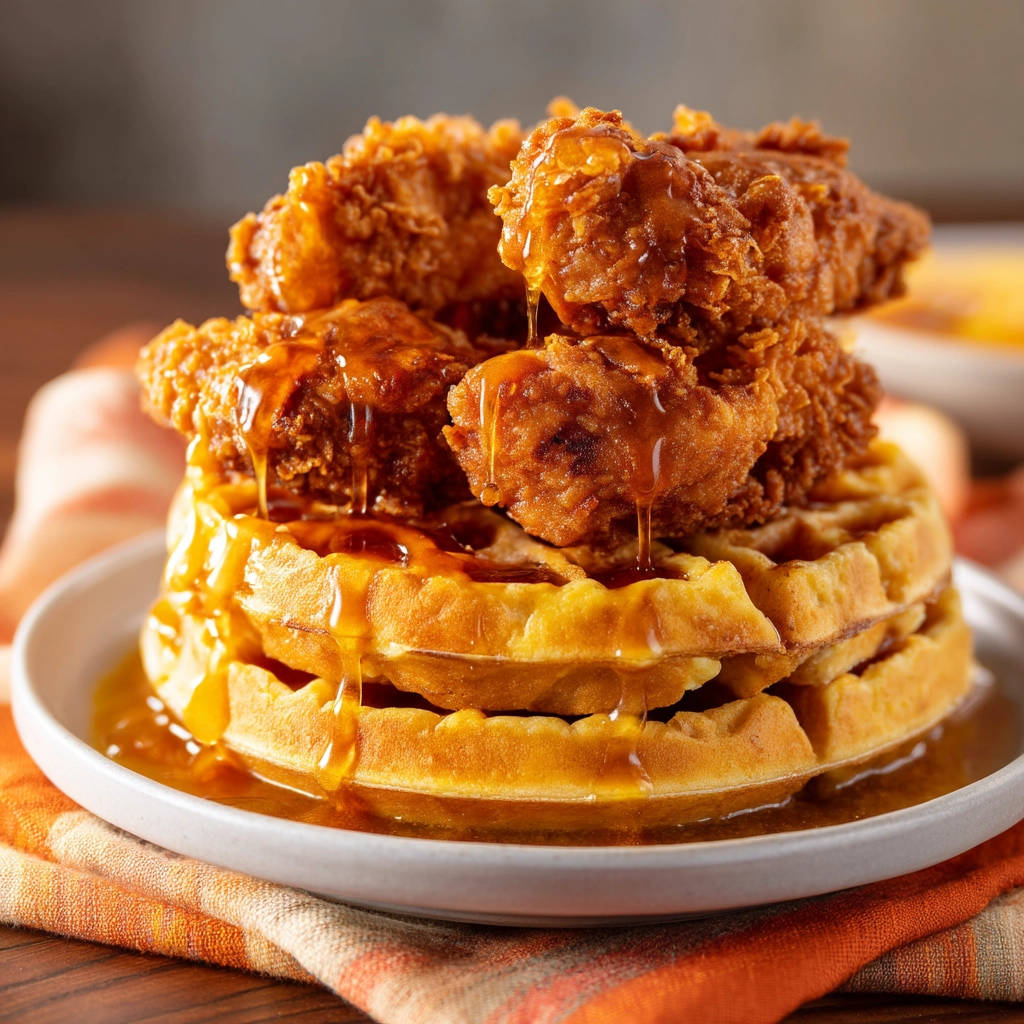 Crispy Chicken & Waffles: Perfect Crunch! with golden syrup drizzling over the stacked waffles and fried chicken pieces.
