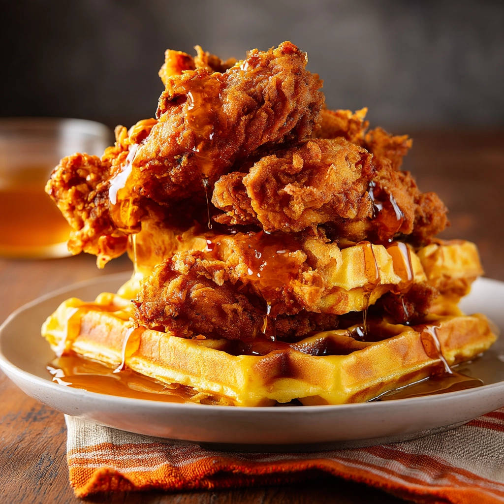 Crispy chicken and waffles stacked high with a generous drizzle of golden syrup, showcasing the textures and glaze.