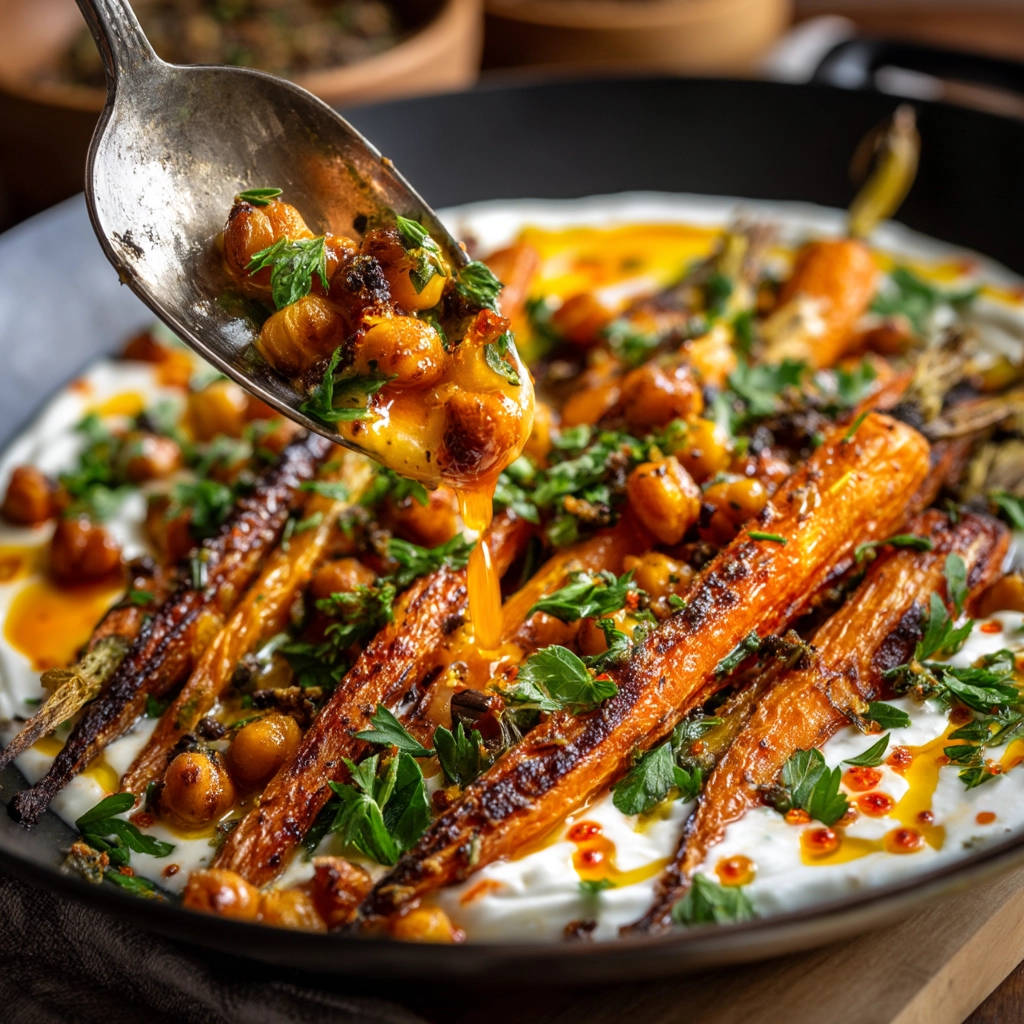 Crispy chickpea and roasted carrot bowl shown with a spoonful of the dish being lifted, highlighting the textures and sauce.