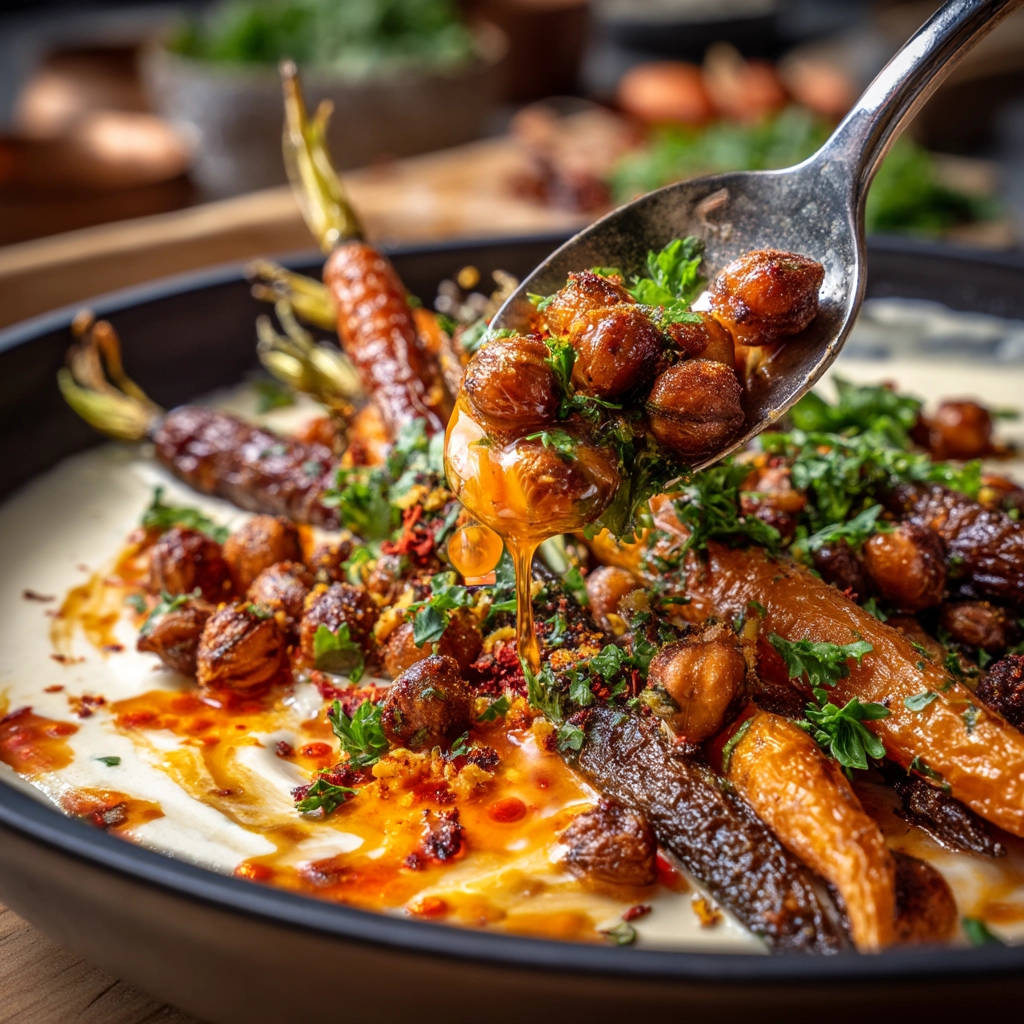 Crispy chickpea and roasted carrot bowl shown with a spoonful of chickpeas drizzled with oil.