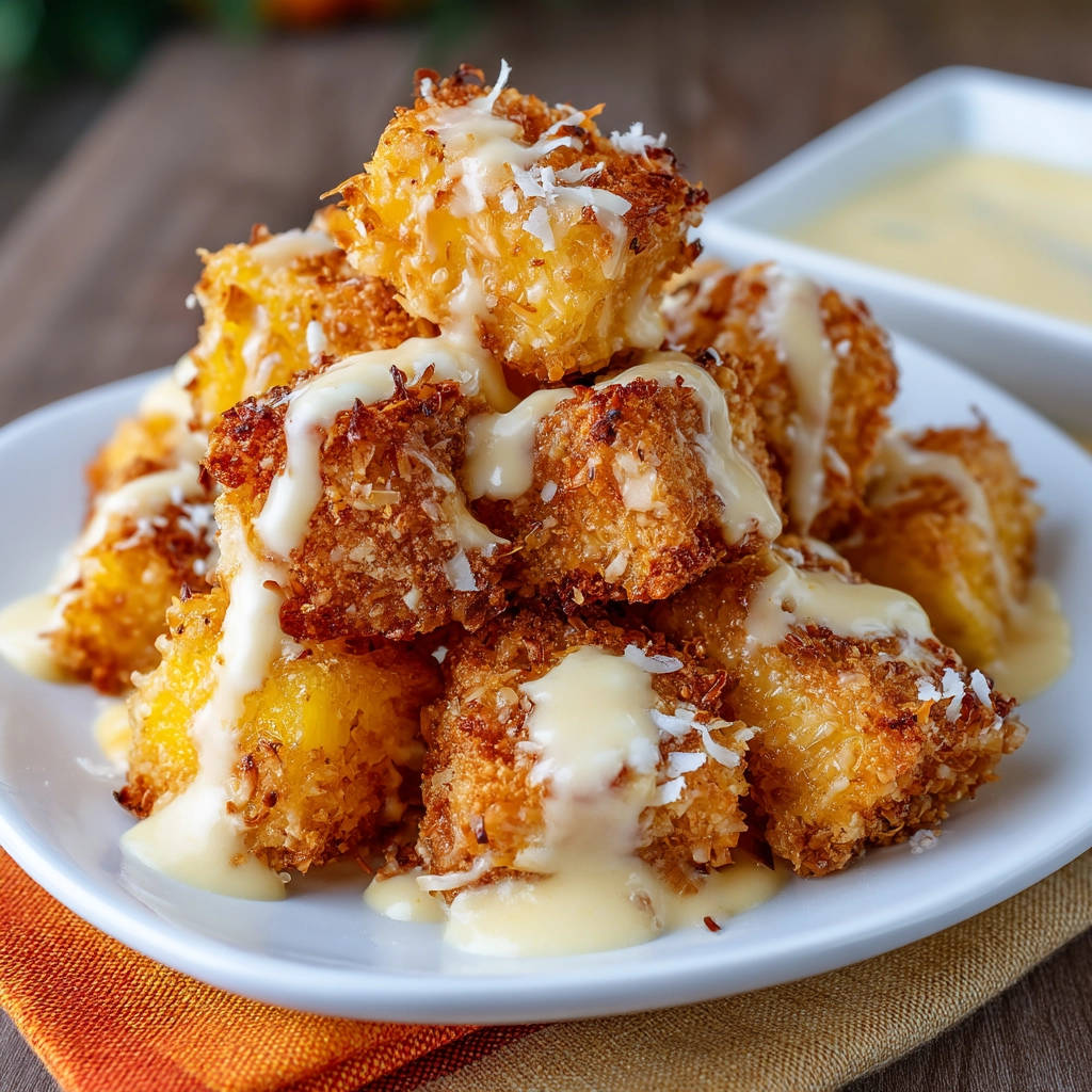 Crispy coconut pineapple bites drizzled with a creamy glaze and sprinkled with shredded coconut, shown in a close-up detail.