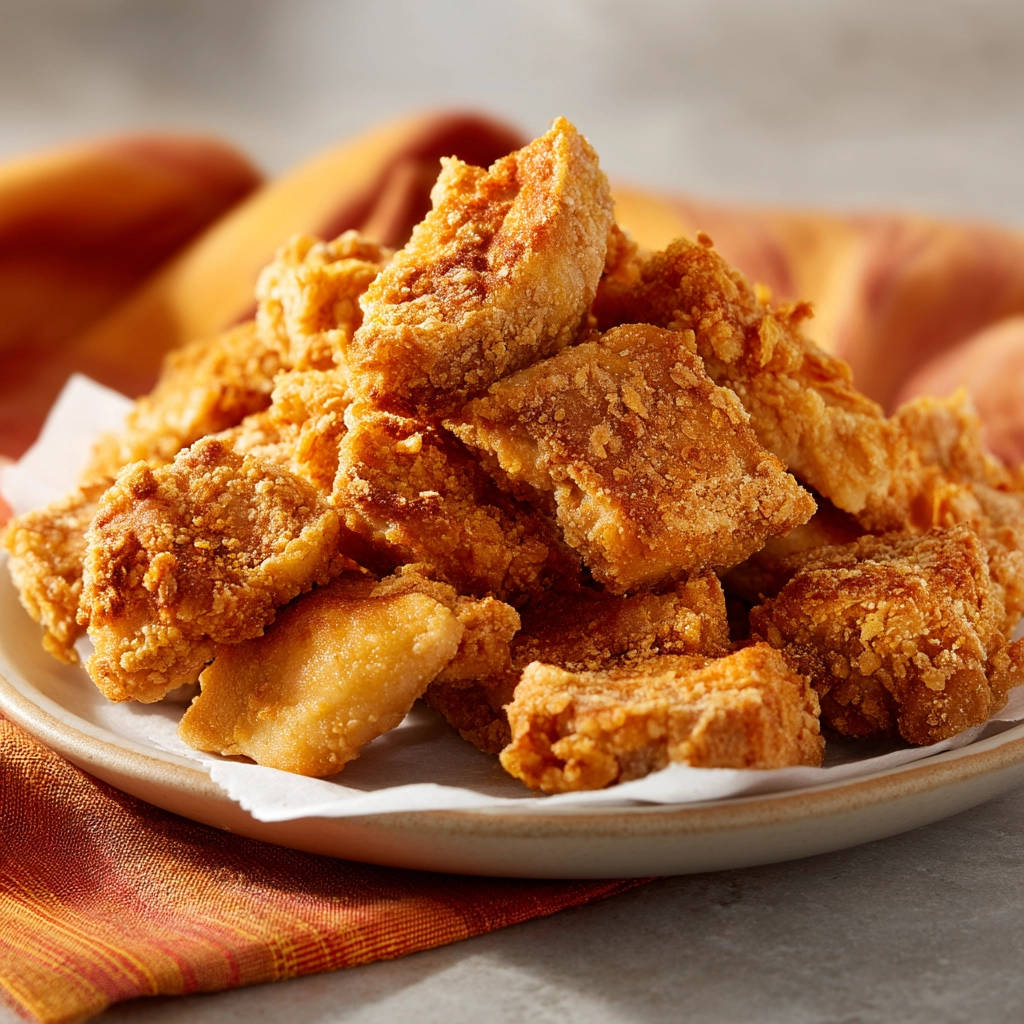 Crispy fried chicken bites piled on a plate, showcasing their golden-brown exterior and textured coating.