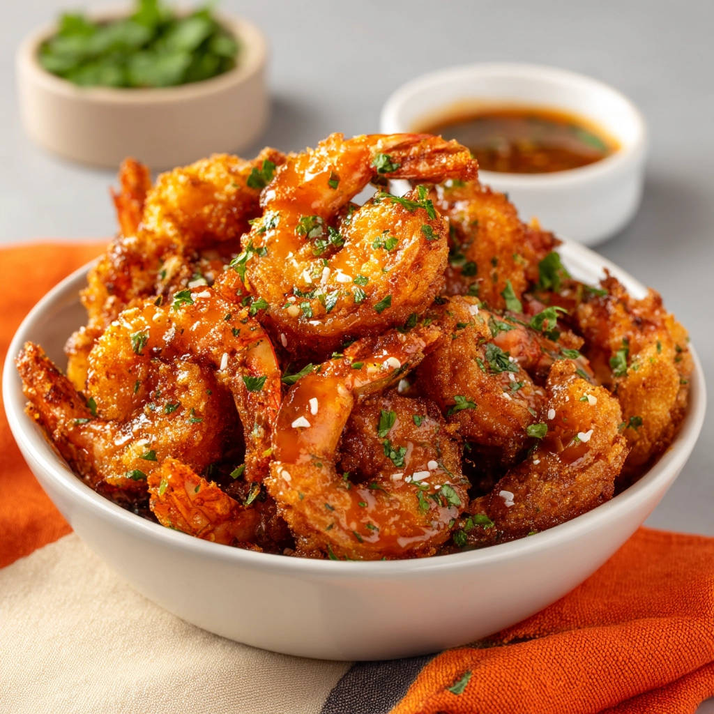 Crispy fried shrimp are generously glazed and piled high in a white bowl, garnished with fresh parsley.