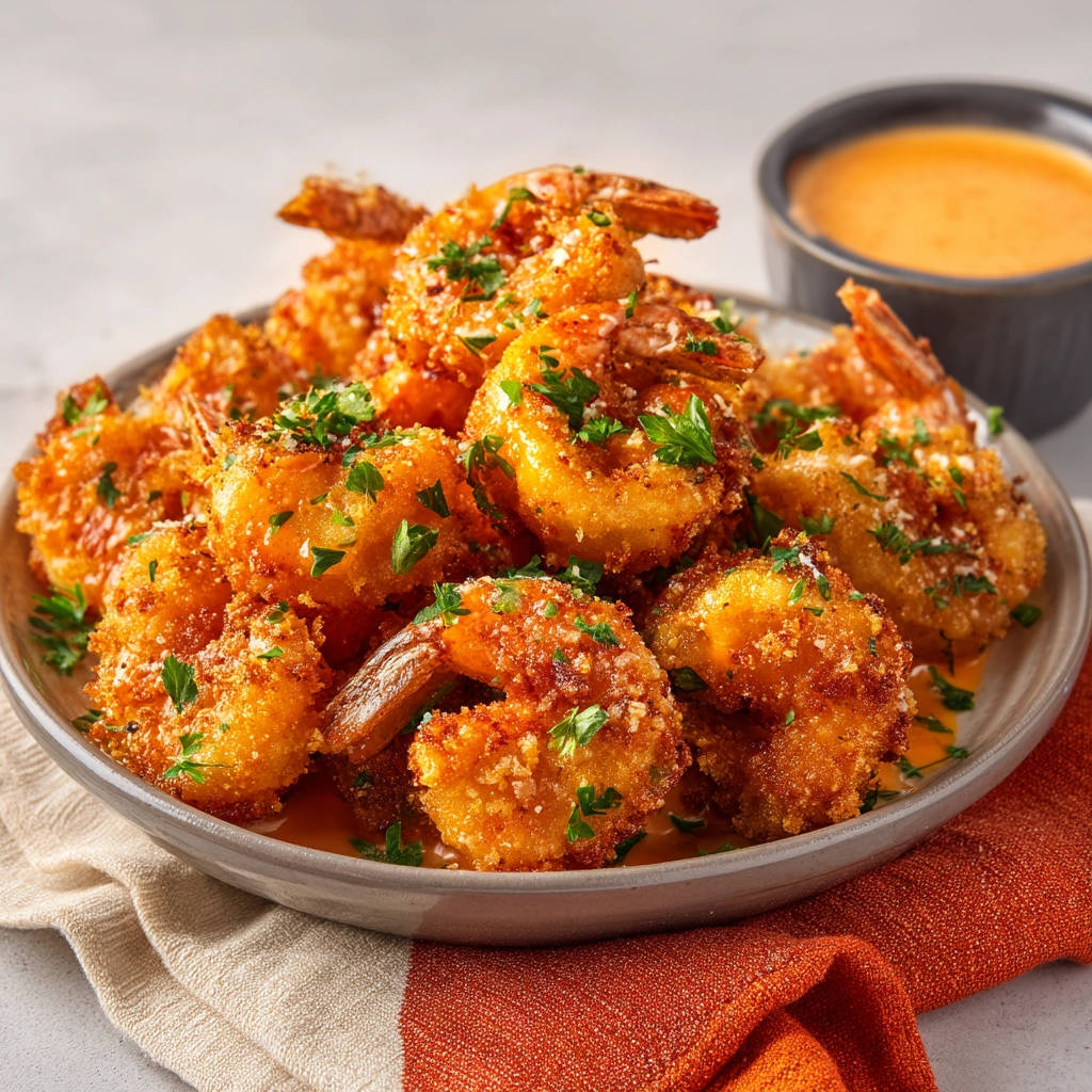 Crispy fried shrimp piled high on a plate with a side of dipping sauce and garnished with parsley.