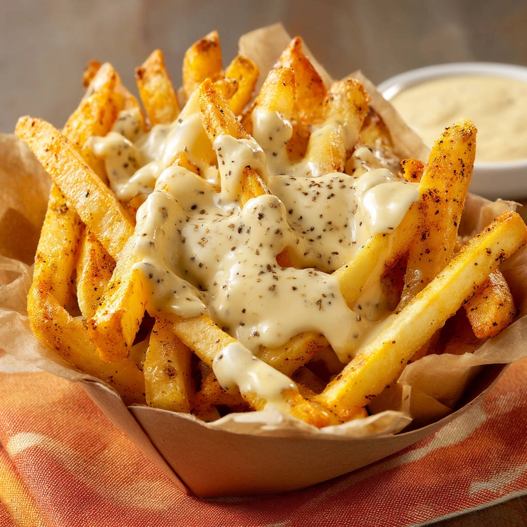Crispy garlic fries with parmesan sauce, a close-up showing the creamy sauce drizzled over seasoned fries.