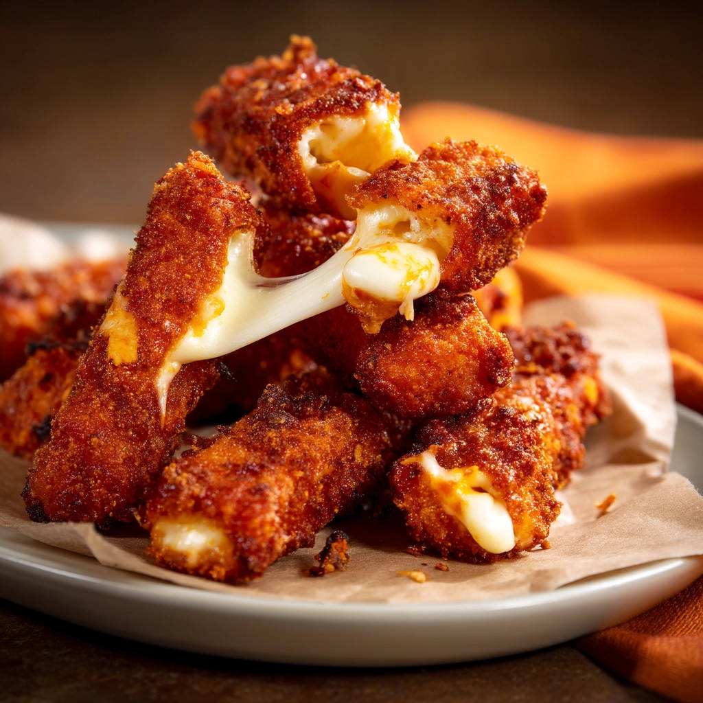 Crispy mozzarella sticks with a gooey cheese pull, showcasing the melted interior and golden-brown coating.