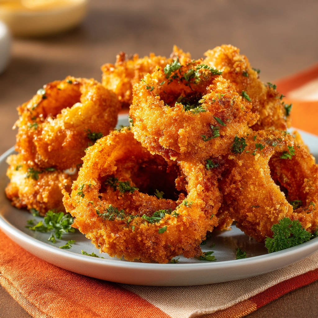 Crispy onion rings generously garnished with fresh parsley, served on a light gray plate.