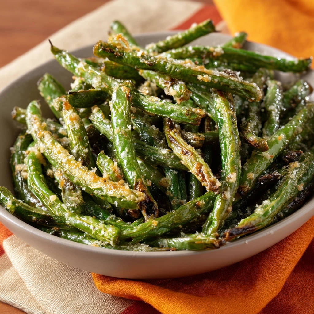 Crispy Parmesan Green Beans piled high in a bowl, showing a close-up texture detail of the seasoned coating.