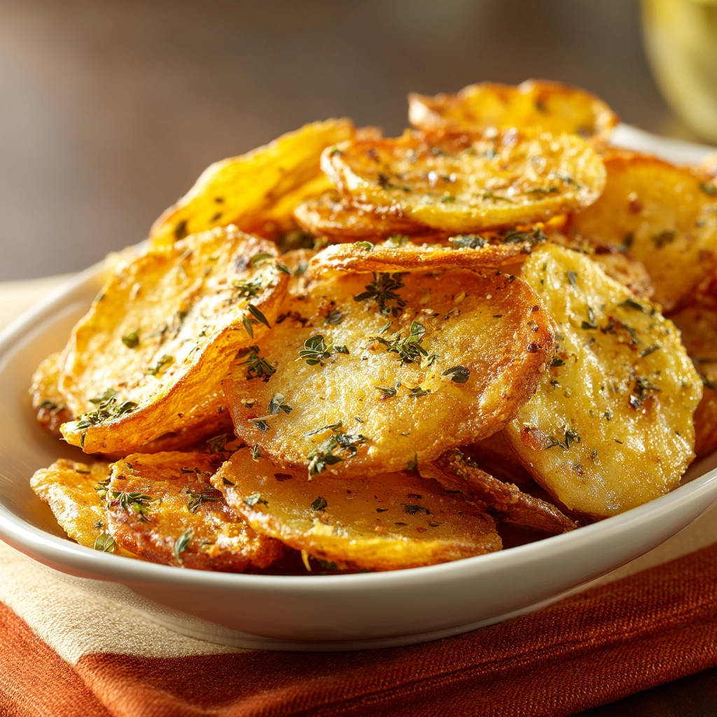 Crispy potato coins seasoned with herbs, shown in a close-up detail shot filling a white bowl.