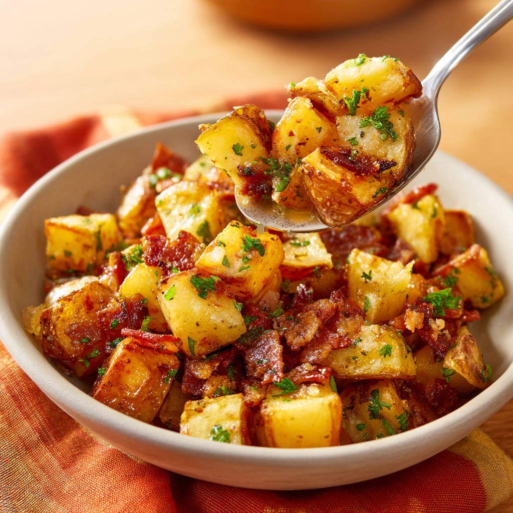 Crispy potatoes scooped with a spoon from a bowl, showing texture and bacon pieces.