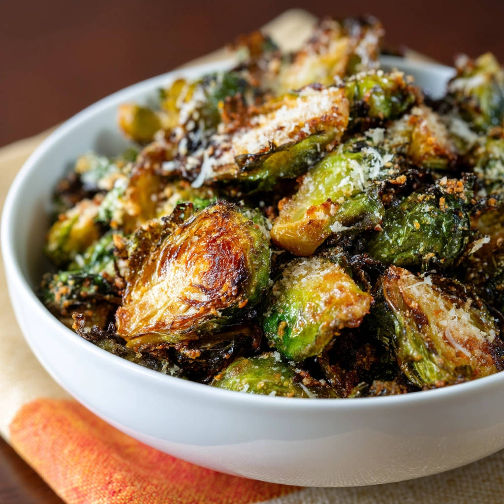 Crispy roasted Brussels sprouts topped with grated cheese in a white bowl, showing a close-up view of the texture.