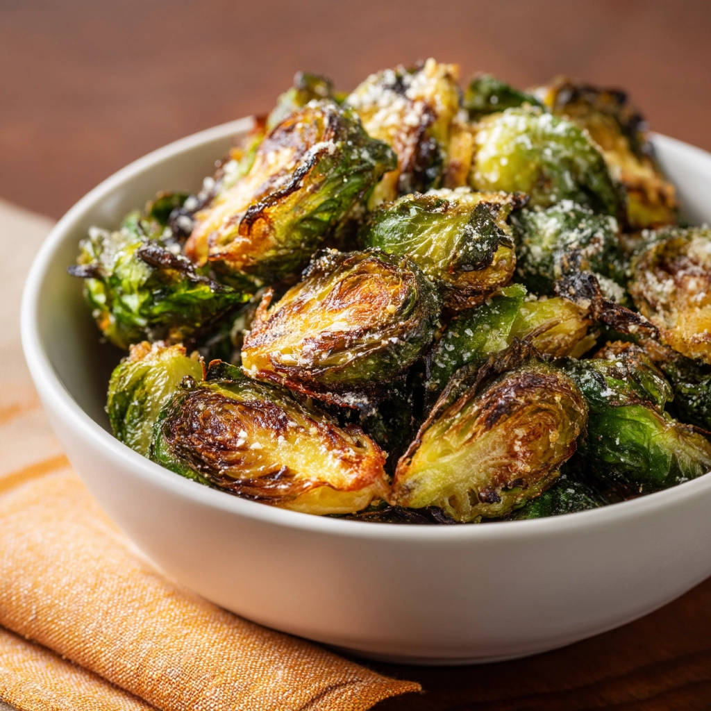 Crispy roasted Brussels sprouts in a white bowl, showing a close-up view with Parmesan cheese sprinkled on top.