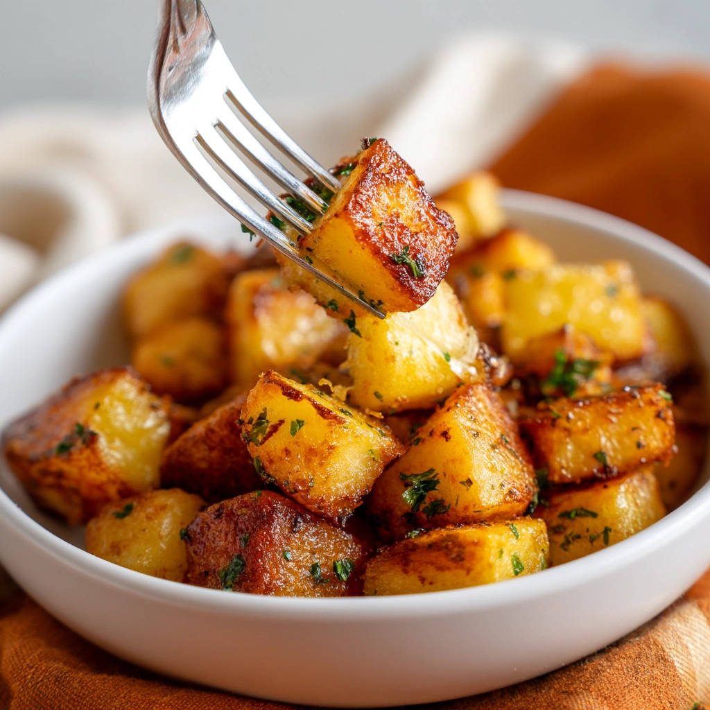 Easy crispy roasted potatoes being lifted from a white bowl with a fork, showing a close-up of the golden-brown texture.