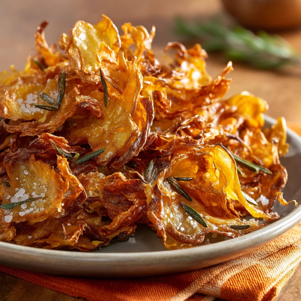 Crispy rosemary potato chips piled high on a plate, seasoned with sea salt and garnished with fresh rosemary sprigs.