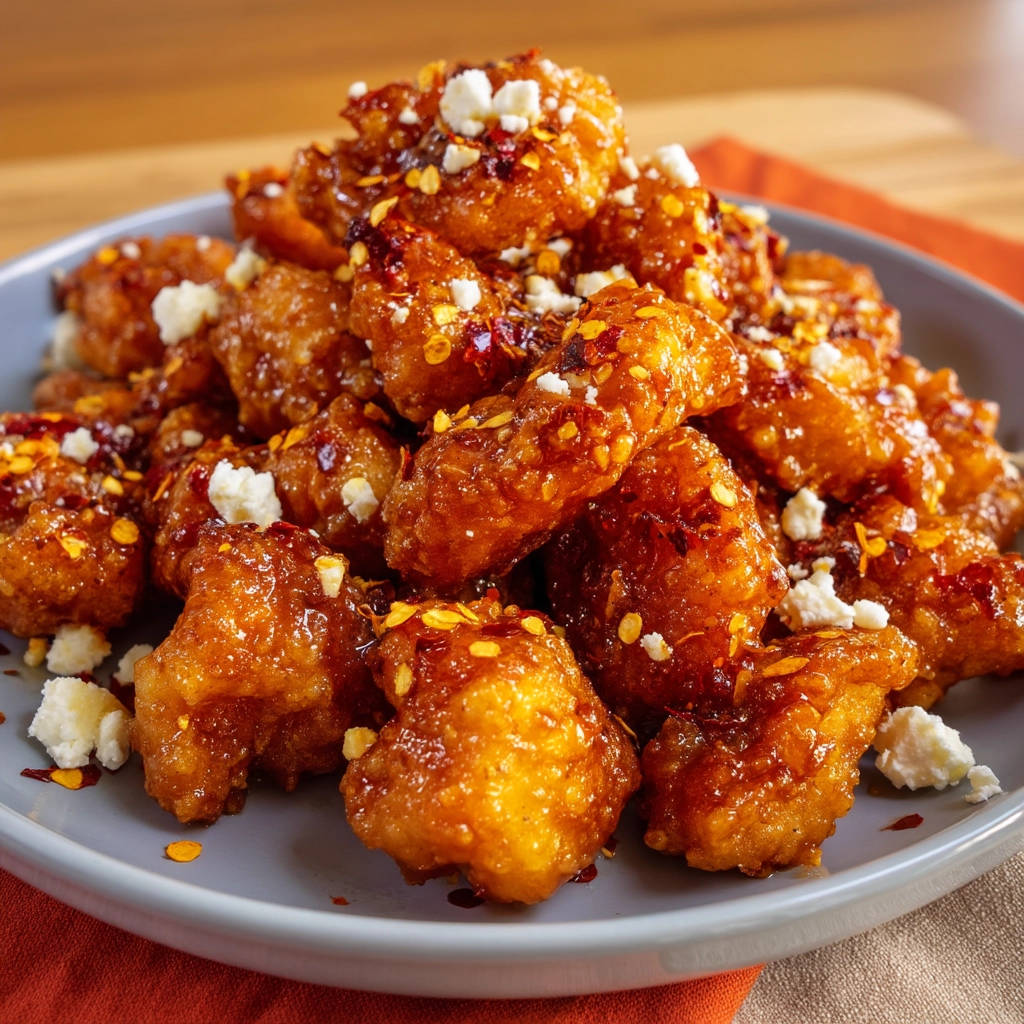 Crispy sweet chili bites topped with crumbled cheese and chili flakes, presented on a gray plate.