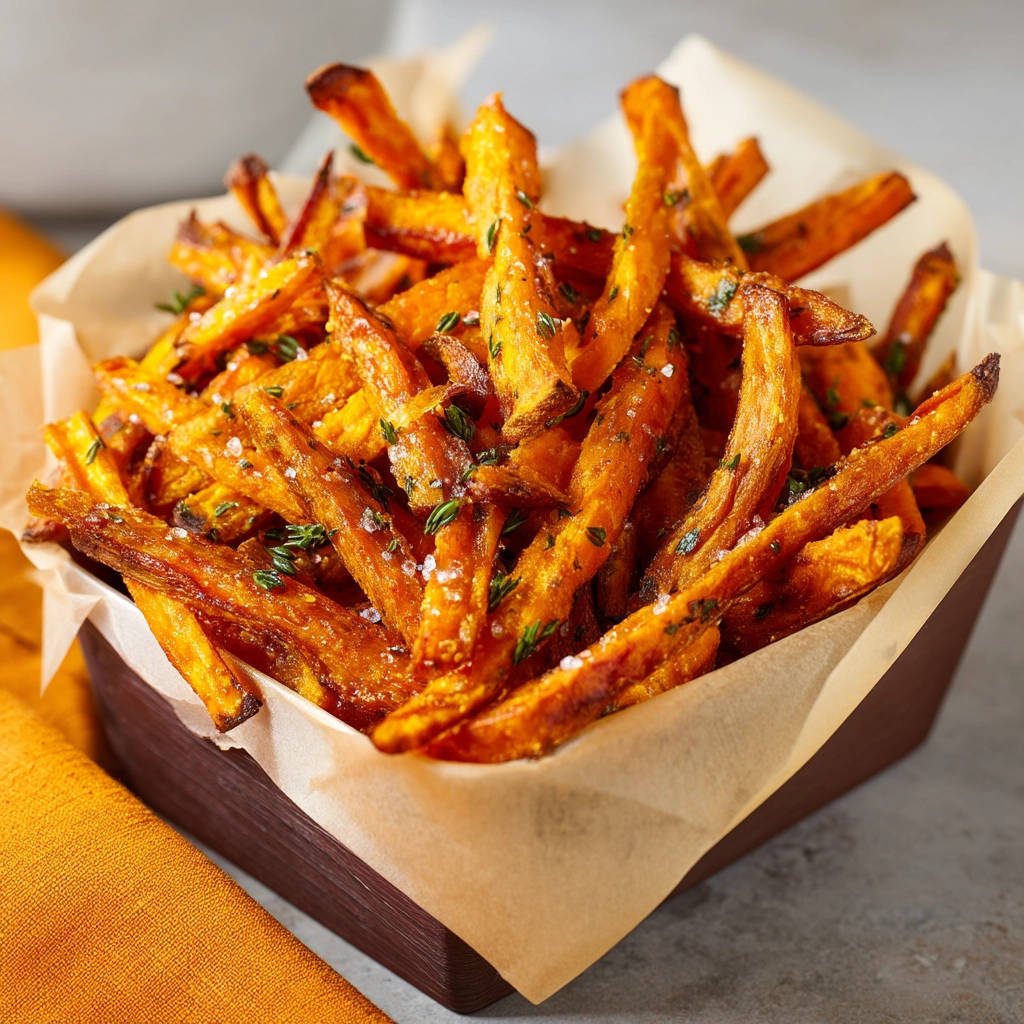 Crispy sweet potato fries garnished with fresh herbs and sea salt in a brown paper-lined basket.